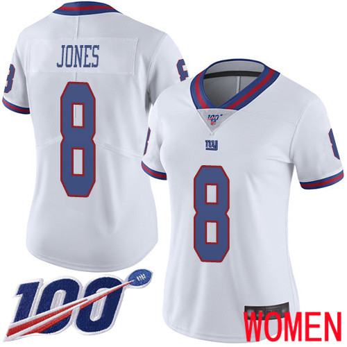 Women New York Giants #8 Daniel Jones Limited White Rush Vapor Untouchable 100th Season Football NFL Jersey->women nfl jersey->Women Jersey